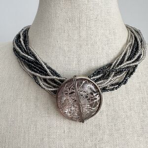 Studio Gi Italy Black And Gray Beaded Collar Necklace Art Glass Pendant 17”